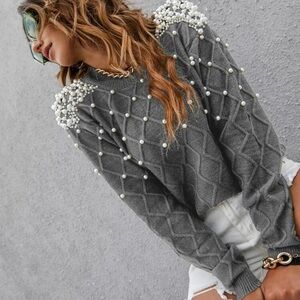 SHEIN Gray Pearl Embellished Sweater